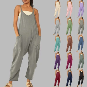 Womens V Neck Dungarees Overalls Baggy Trousers Pockets Jumpsuit Playsuit Romper - Picture 1 of 29