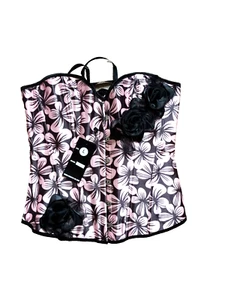 Korsetts Design SJ-191 schwarz/rosa entbeint Satin Bustier mit Blumenmusterdetail UK groß - Bild 1 von 7
