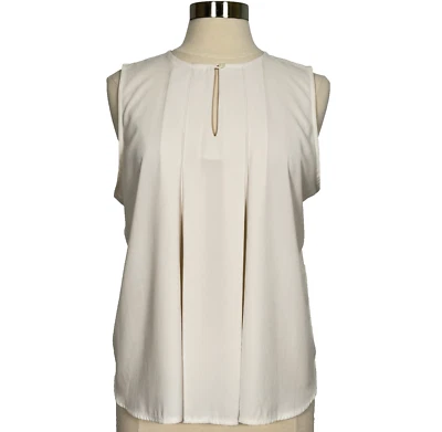 Ann Taylor Petite Women’s Sleeveless Blouse Pleated Keyhole LP Ivory Career Top - Image 1 of 4