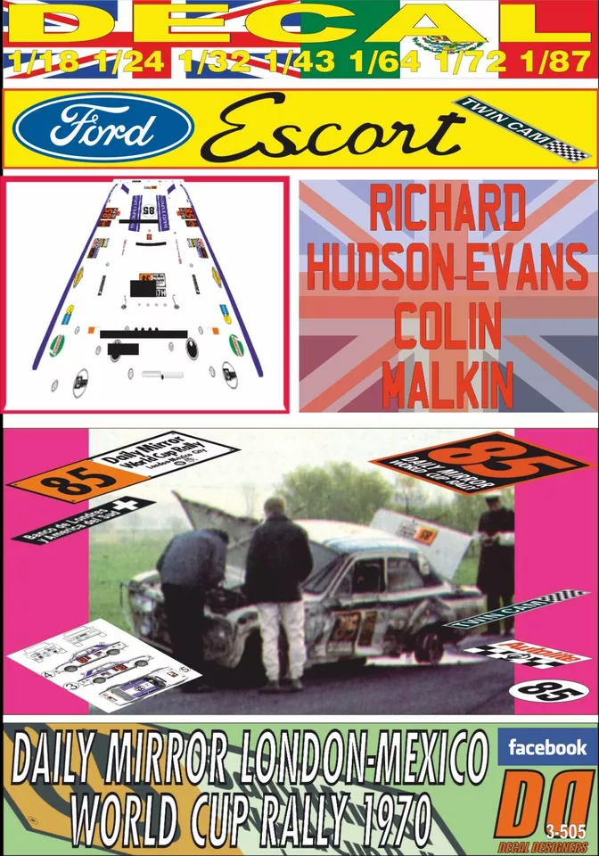 DECAL FORD ESCORT TWIN CAM R.HUDSON-EVANS R.LONDON-MEXICO 1970 DnF (08) - Image 1 of 1