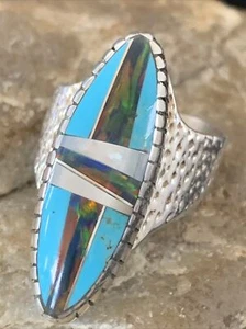 Opal & Turquoise Inlay MultiColor Navajo Sterling Silver Ring Size 8.5 01468 - Picture 1 of 10