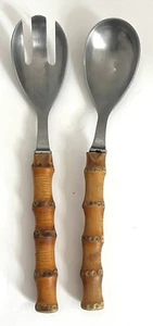 TWO 8.25" Bamboo Handle Salad Servers MCM Kay Bojesen Universal Steel Co DENMARK - Picture 1 of 7