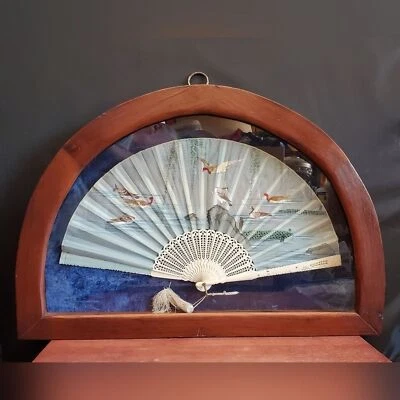 Caixa de sombra vintage asiática chinesa ventilador floresta aves aquáticas - Imagem 1 de 4