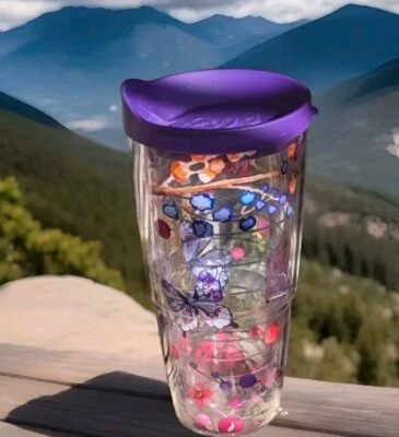 Vaso Tervis 24 oz púrpura mariposas flores tapa de paja aislada doble pared Foto 1 de 4