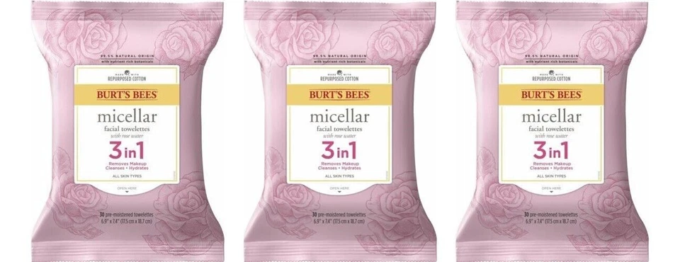 Burt's Bees Micellar Cleansing Towelettes With Rose Water 30 Count Ship