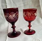 Antique Bohemian Ruby Red Flash Etched Grape Vine Small Glass Goblet Hand Blown
