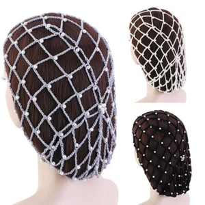 Crochet Hairnet Hair Net French Mesh Fish Net Snood with Pearls Women - Picture 1 of 9