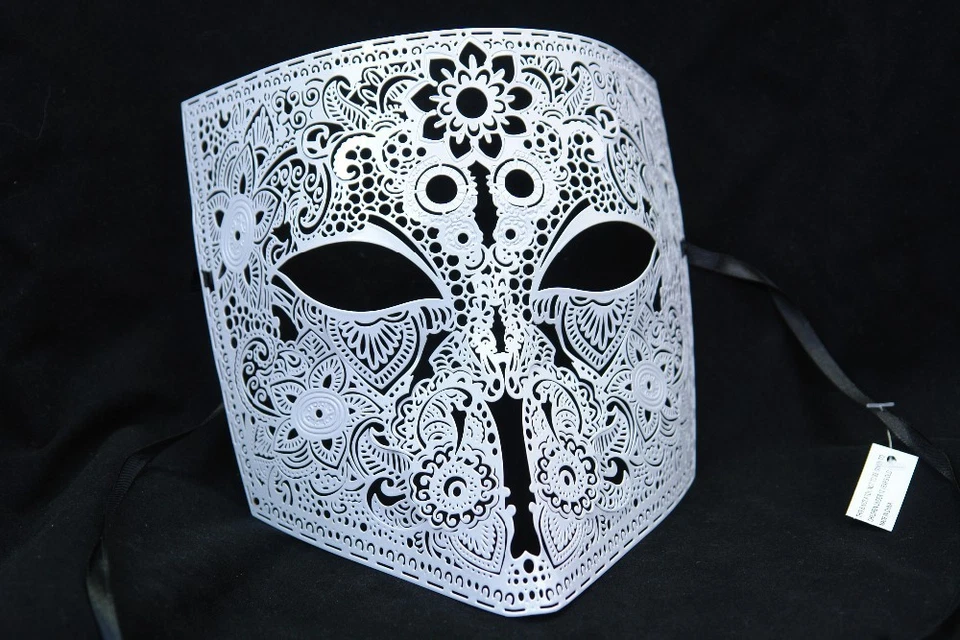 Mens White Bauta Venetian Masquerade Mask Metal Filigree Fancy Dress Casanova - Image 1 of 1