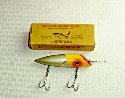 Vintage Hanson Salmon Fishing Lure 5" Long White & Yellow plus Box - Image 1 of 4