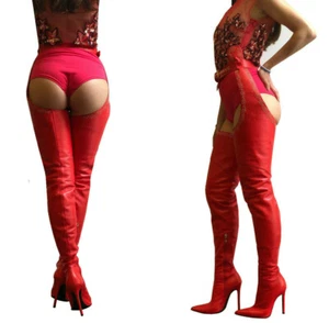CQ COUTURE CUSTUM BELT OVER THE KNEE STUDS BOOTS CROTCH ITALY LEATHER RED 11 41 - Picture 1 of 12