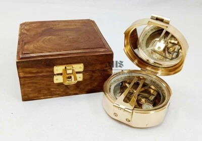 Brújula antigua vintage de latón macizo natural seno Brunton con caja de madera hecha a mano Foto 1 de 4