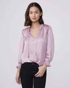 NWOT PAIGE Kaylynn Purple Satin Smocked Ruffle Split Neck Blouse Top, Size S - Picture 1 of 15