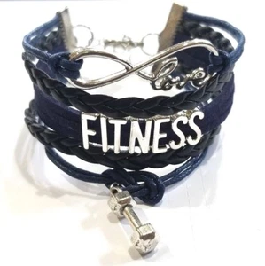 GYM Rope Braided Infinity Love FITNESS Bracelet w Weight charm - Navy and Black - Picture 1 of 3