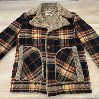 Vtg 1960s CAMPUS Rugged Campus Mens 40 Wool Coat Black Rust Plaid Quilted Lining - Image 1 of 4