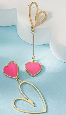 Ladies Drop Gold pink Heart Asymmetrical Earrings Quirky Chic Free Gift Box b47  - Image 1 of 3