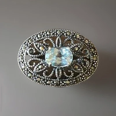 Silver Tone Fashion Brooch/Pin with Blue Stone & Marcaste Rhinestones , - Image 1 of 4