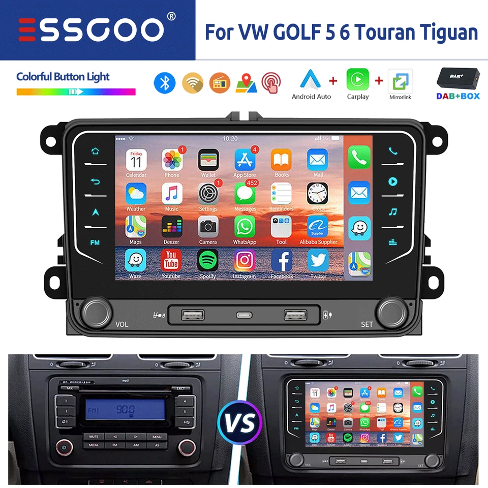 DAB+ Autoradio GPS Carplay Android 14 Per VW GOLF 5 6 PASSAT TIGUAN TOURAN Jetta - Immagine 1 di 4