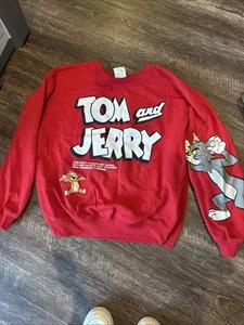 Vintage Tom And Jerry Graphic Sweatshirt Red Crew Neck Long Sleeve Pullover Sz L - Picture 1 of 4