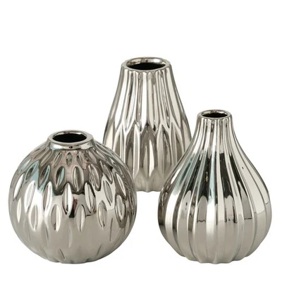 Boltze 3er Set Blumenvase, Vase aus Keramik silber, 14cm hoch, Tischdeko - Bild 1 von 4