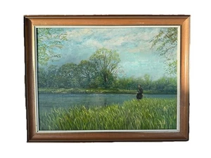 Dipinto olio originale L G Mitchell pesca sul fiume prova a Stockbridge - Foto 1 di 7