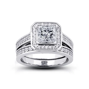1.42ct D-SI1 Princess Natural Diamonds Plat Halo Ring with Wedding Band - Picture 1 of 3
