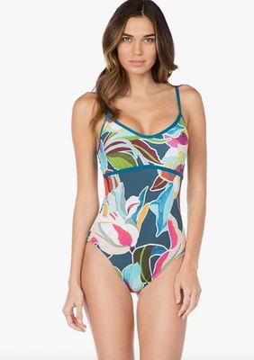 Traje de baño clásico estándar de una pieza para mujer La Blanca verde rosa floral talla 12 Foto 1 de 2