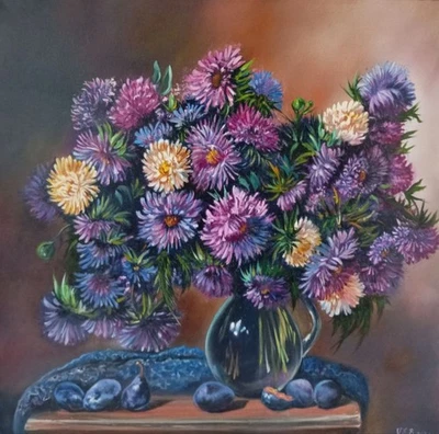 Pintura al óleo original Asters sobre lienzo estirado flores naturaleza muerta 20x20 pulgadas Foto 1 de 4