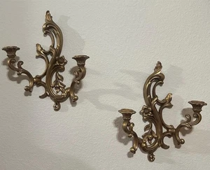Gold Syroco Double Candle Wall Sconces Narcissus and Scrolls  3931 - Picture 1 of 7