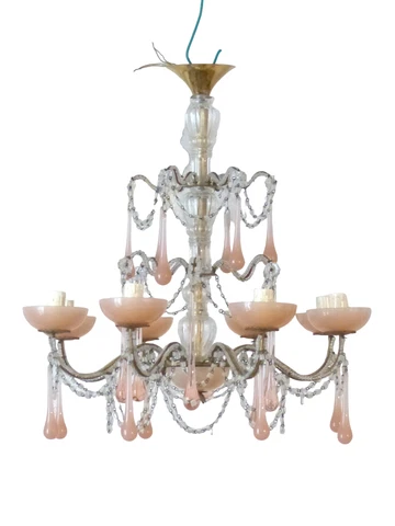 OMG Antique Chandelier PINK Opaline Drops Cup Beads 1930 MURANO RARE 8 lights Cover