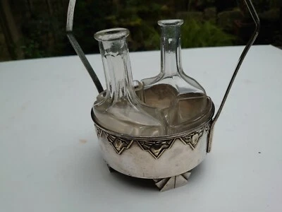 Vintage Art Deco Silver Plate And Glass Condiments Holder - Image 1 of 4