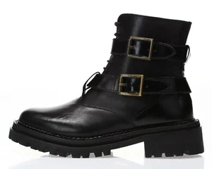 H By Hudson 231363 Womens Kerb Black Leather Lug With Buckle Ankle Boots Size 40 - Picture 1 of 7