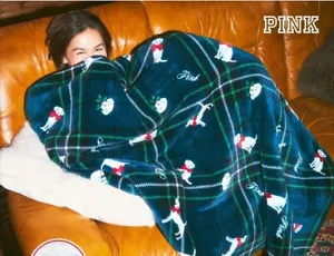 Victoria’s Secret Pink Green Fleece Sherpa Blanket Dog Logo - Picture 1 of 6