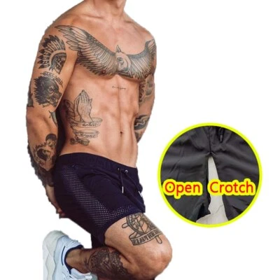 Men Open Crotch Pants Shorts Gay Sport Double Hidden Zipper Couple Sweatpants - Image 1 of 4