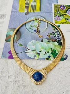 Christian Dior Vintage Lapis Navy Foil Cabochon Octagon Crystals Omega Necklace - Picture 1 of 16