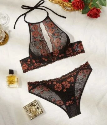 Искры отлива белье ~ медный форал печать на черный бюстгальтер и трусики комплект Sz: S, XL - Изображение 1 из 4
