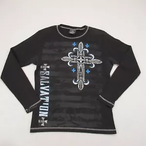 Vintage No Boundaries Shirt Mens Medium Waffle Knit Cross Skulls Wings Thermal * - Picture 1 of 10