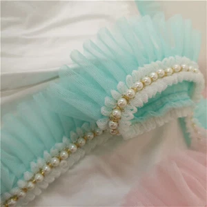 2M Lace Net Ruffle Trim Faux Pearl Beaded Pleated Mesh Ribbon Edge Sewing Decor - Picture 1 of 32