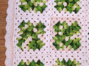 Irish Granny Square Variegated Green Wht Beige Afghan Crochet Spread 63 x 88 in - Picture 1 of 10