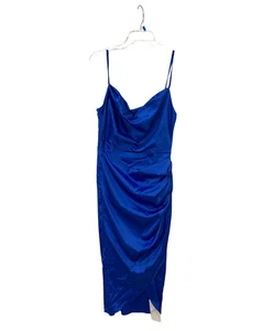 HTZMO Satin Slip Dress Midi  Cowl Neck Women's M Blue Ruched Bodycon Split Front - Picture 1 of 18