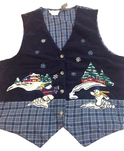 Gilet Natalizio Donna Taglia L Lg Ricamato Pattinaggio Orsetti Navy e Plaid Nuovo - Foto 1 di 5