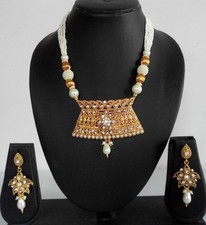 Indian Fashion Jewelry Bollywood Bridal Gold Pearl Polki Necklace Earrings Sets