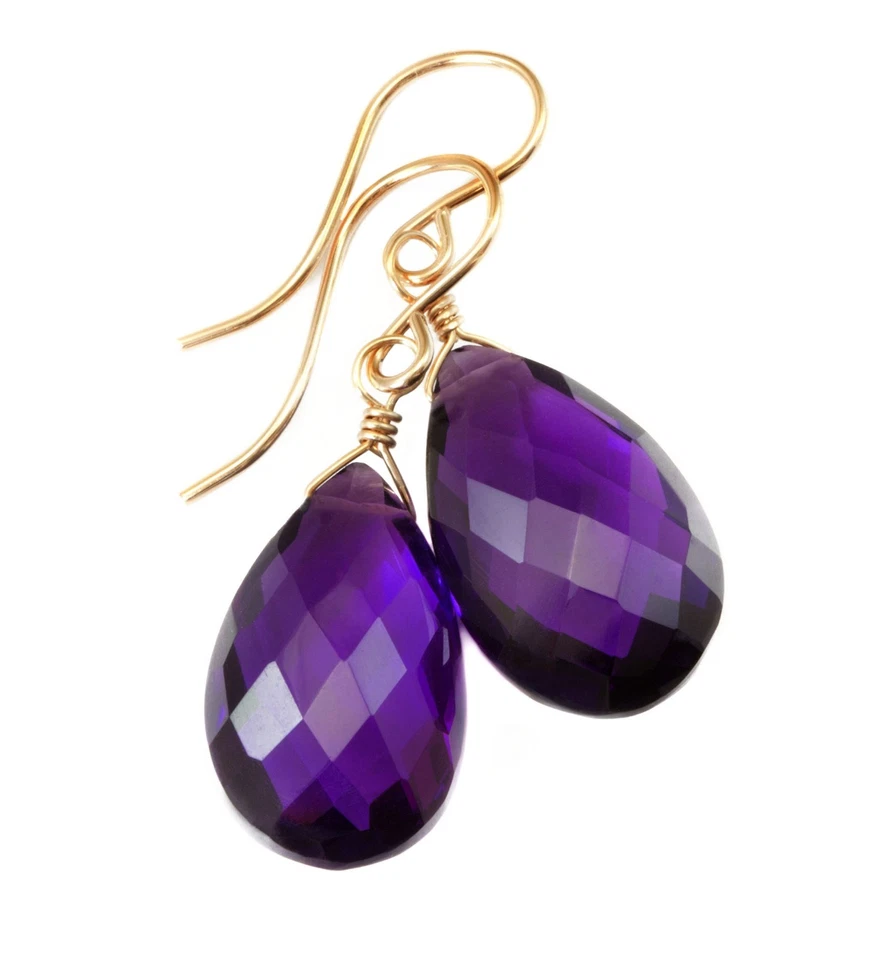 Pendientes de amatista púrpura oscuro brasileños de oro macizo de 14 k gota de plata de ley de 2 pulgadas Foto 1 de 1