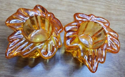 Pair Amber Glass Maple Leaf Candle Holders Bubble Inclusions 2" wide. - Image 1 of 4