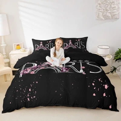 Paris Comforter Cover Set Twin Size Eiffel Tower Bedding Set Kids Girls Black... - Photo 1/4