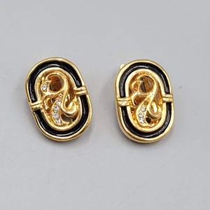 Vintage Clip on Earrings Gold tone Oval Black Enamel Open Work Rhinestones 3/4" - Picture 1 of 8