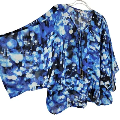 Jennifer Lopez Women's Kimono Sleeve Top Plus Size 2X Blue Abstract Print Sheer - Image 1 of 4