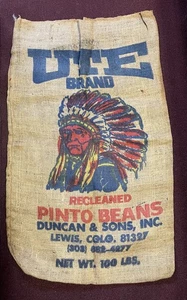 Vintage Burlap Sacks [Lot of 2] UTE Brand Pinto Beans w/Indian logo - Picture 1 of 4