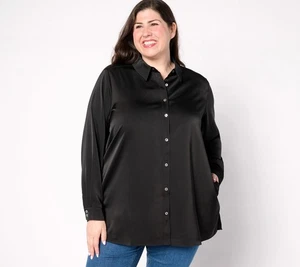 Susan Graver Petite Woven Stretch Satin Button Front Shacket Black XL New - Picture 1 of 1