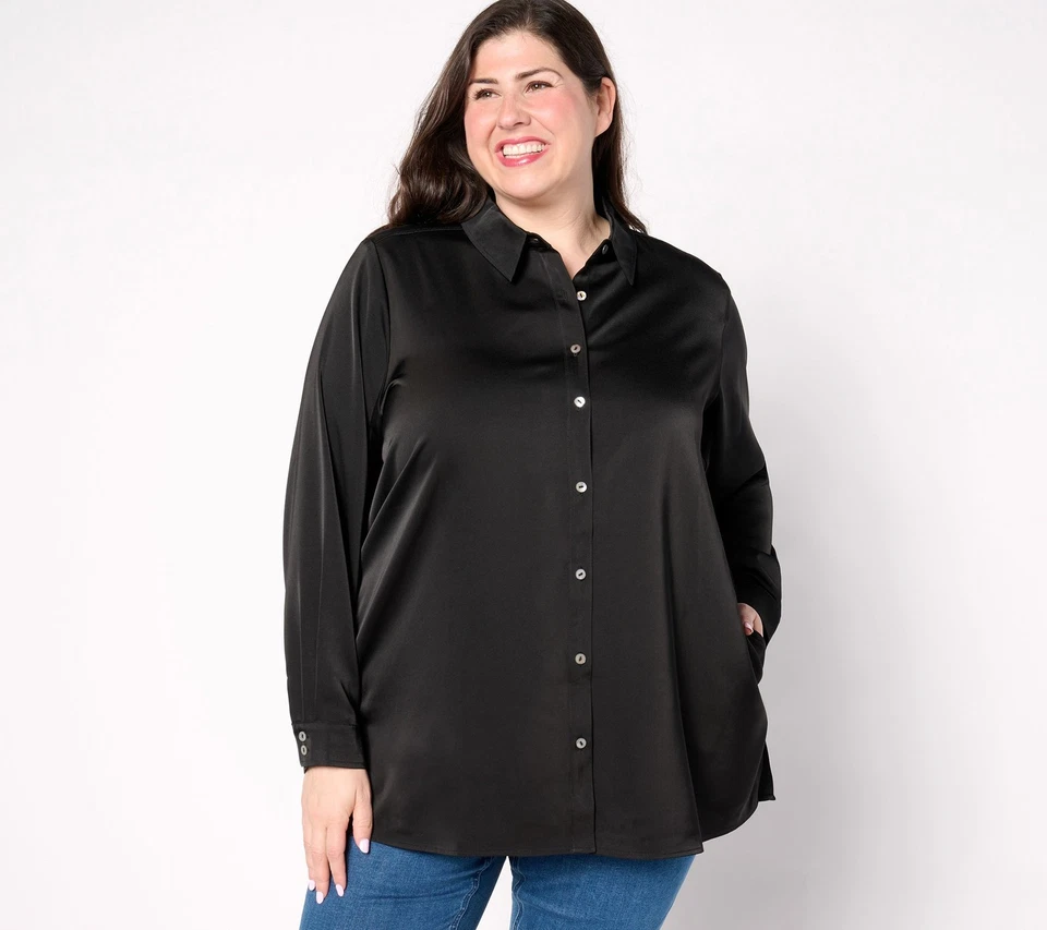 Susan Graver Petite Woven Stretch Satin Button Front Shacket Black XL New - Image 1 of 1