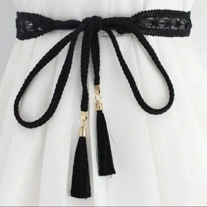 Women's Black Boho Lace Rope Cord Tassel Belt - Picture 1 of 3